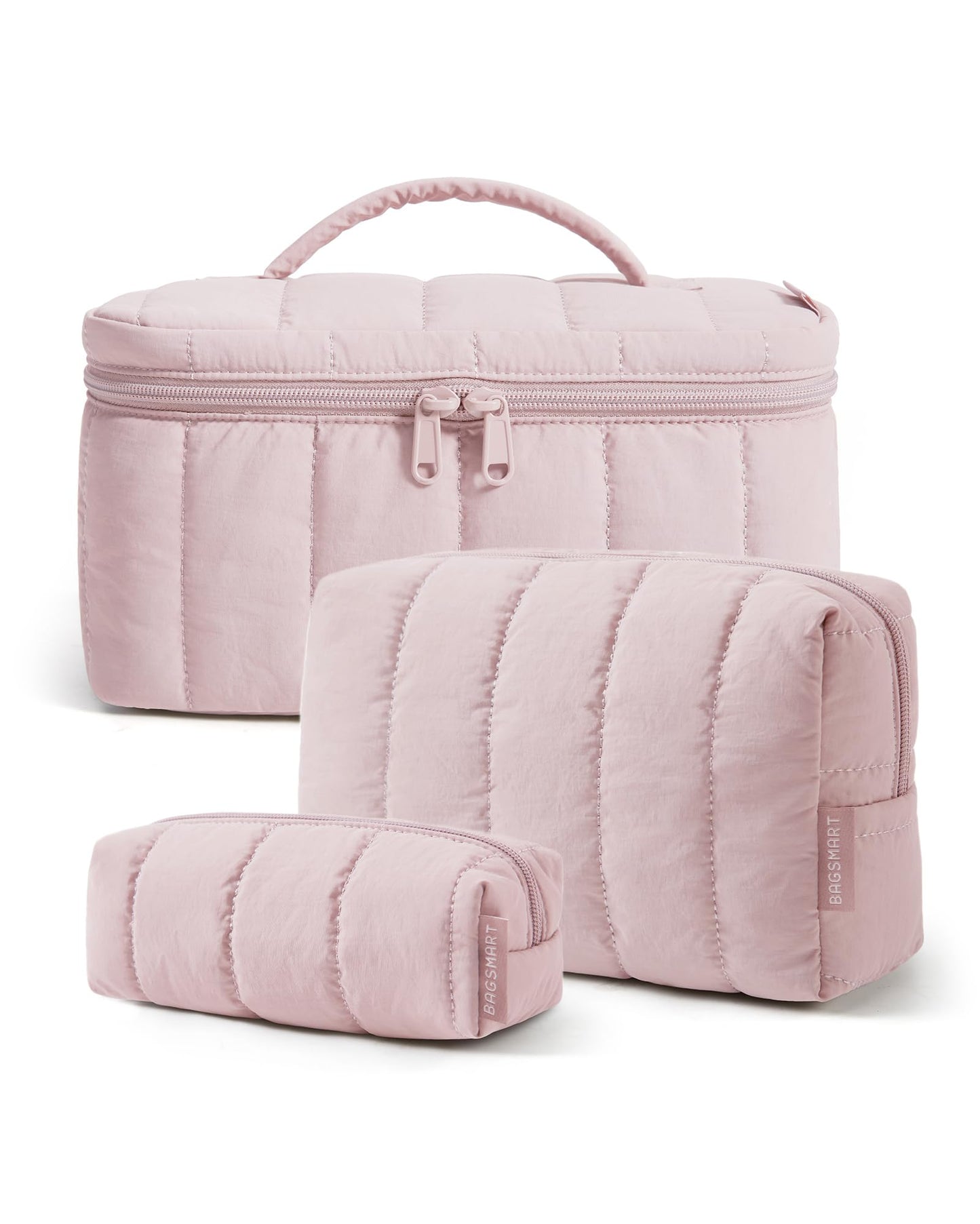 BAGSMART Travel Makeup Bag Set, 3 Pc Puffy Cosmetic Pouch, Pink