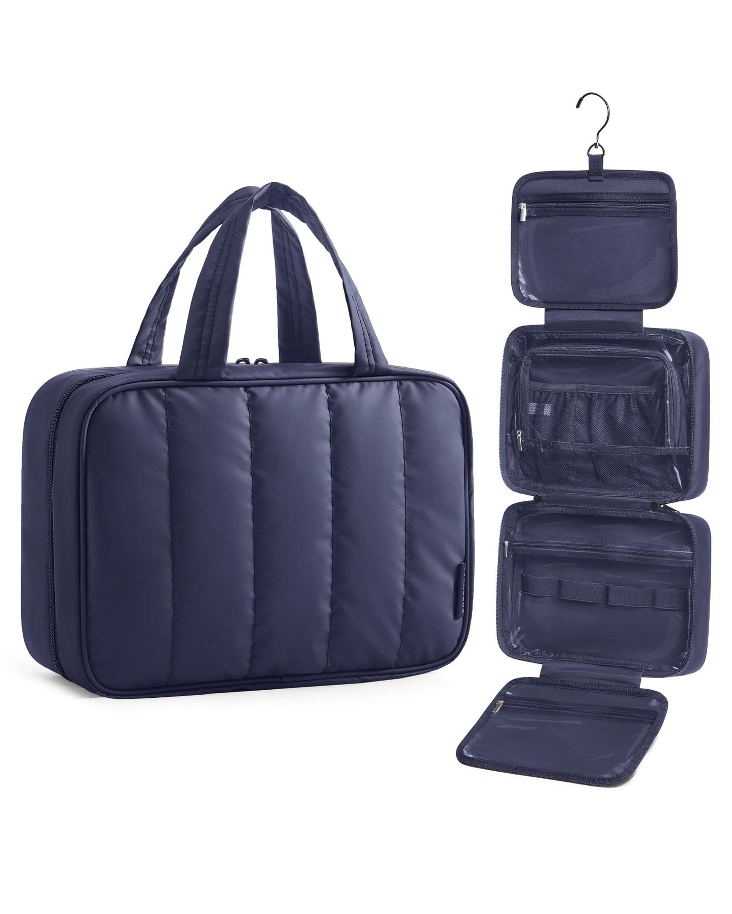 BAGSMART Travel Toiletry Bag for women, Portable Hanging Hook Makeup Bag Organizer, Waterproof Makeup Cosmetic Bag, for Full-Size Accessories, Toiletries,Navy Blue