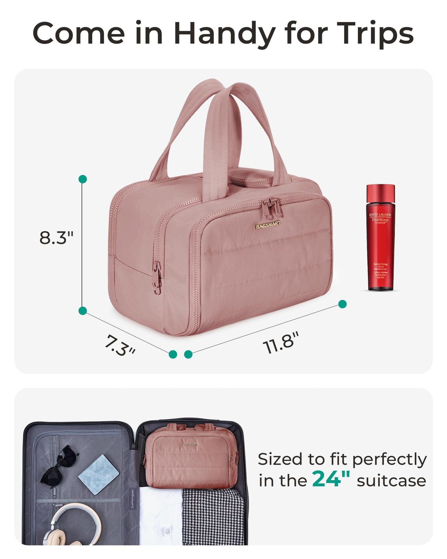 BAGSMART Travel Toiletry Bag, Lightweight Large Wide-open Travel Bag for Women, Puffy Cosmetic Makeup Bag Organizer with Handle for Accessories,Essentials, Toiletries, Dark Pink