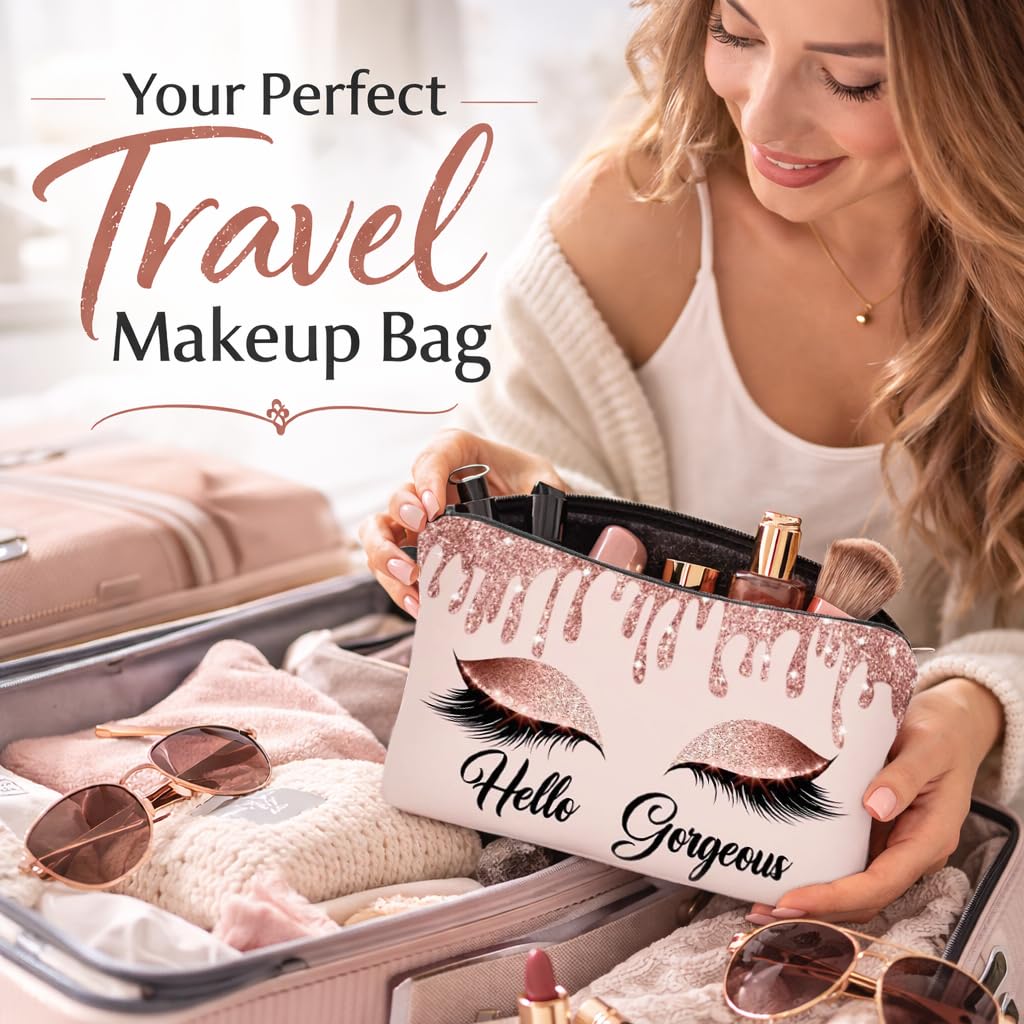 Baobeily Hello Gorgeous Makeup Bag for Purse Eyelash Pink Cosmetic Bags for Women Inspirational Gift Small Funny Cosmetics Glitters Eyeshadows Travel Bag Cases for Toiletries Accessories Organizer