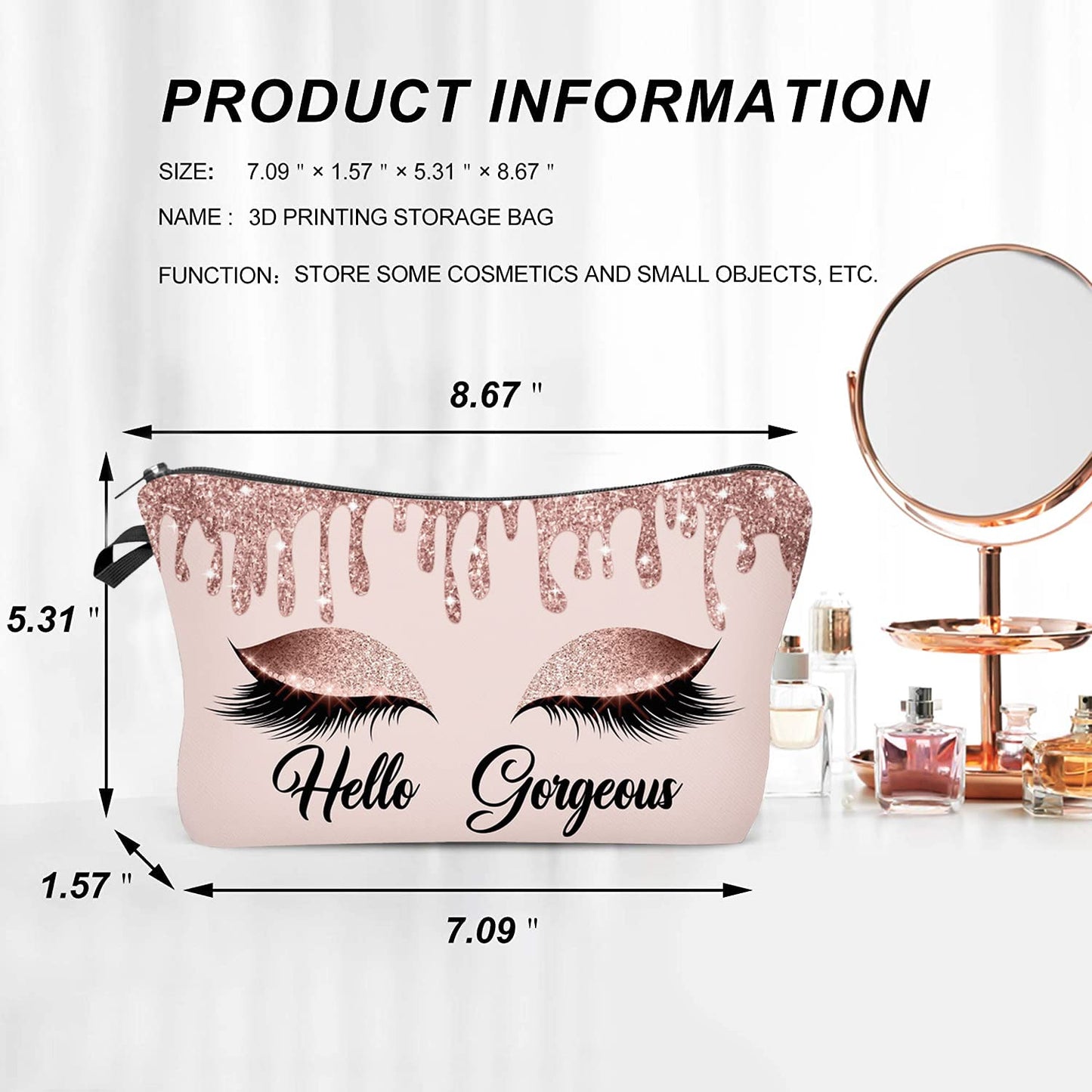 Baobeily Hello Gorgeous Makeup Bag for Purse Eyelash Pink Cosmetic Bags for Women Inspirational Gift Small Funny Cosmetics Glitters Eyeshadows Travel Bag Cases for Toiletries Accessories Organizer