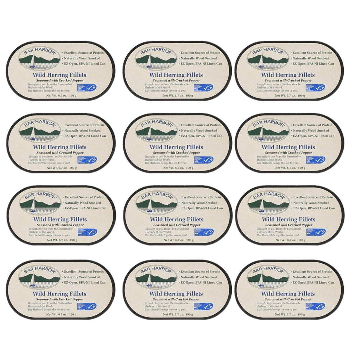 Bar Harbor Wild Herring Fillets with Cracked Pepper - Naturally Wood Smoked, 6.7 oz (12 pack)