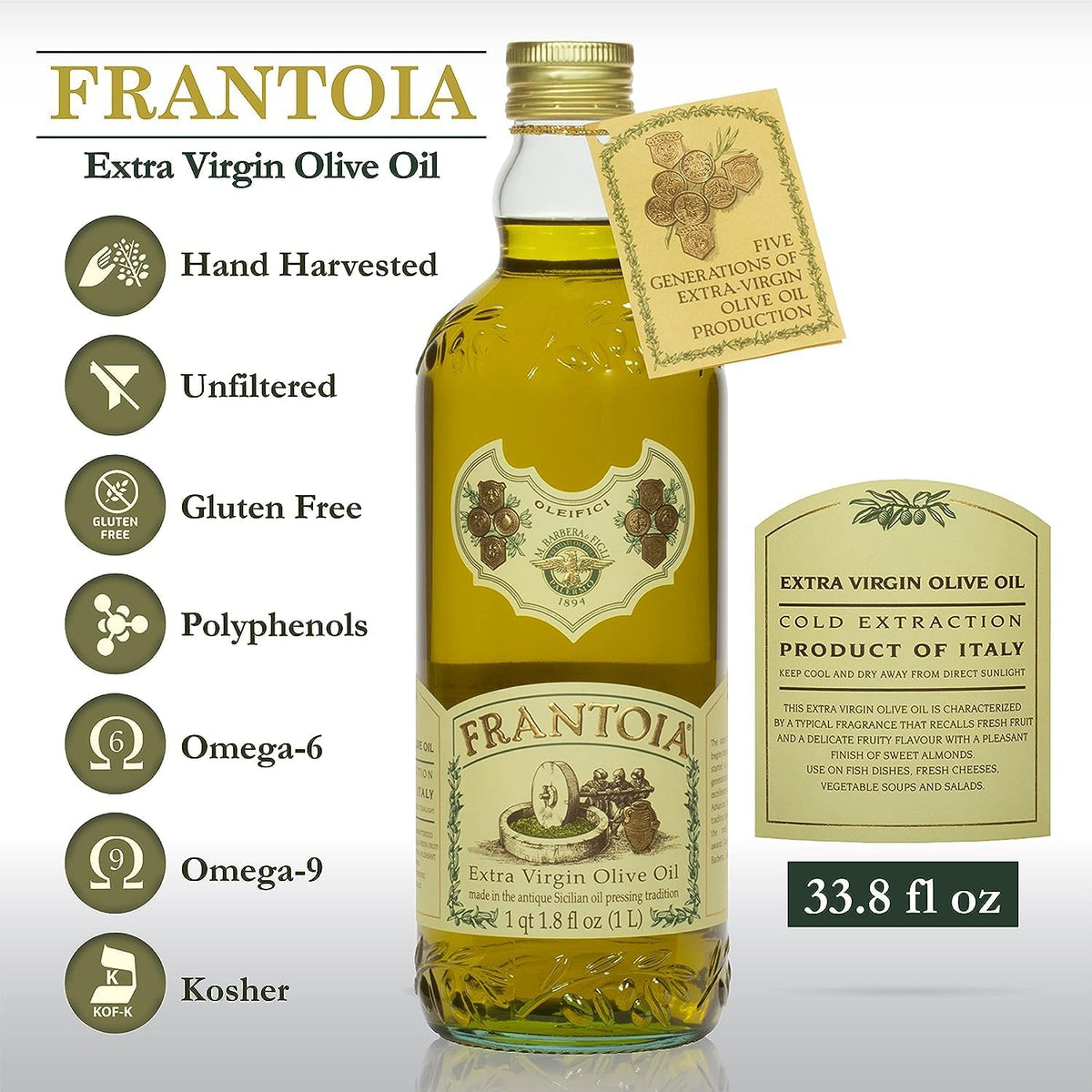 Barbera Frantoia Extra Virgin Olive Oil – 1L Sicilian EVOO (Biancolilla, Nocellara del Belice & Cerasuola) – Cold-Pressed Within 24 Hours