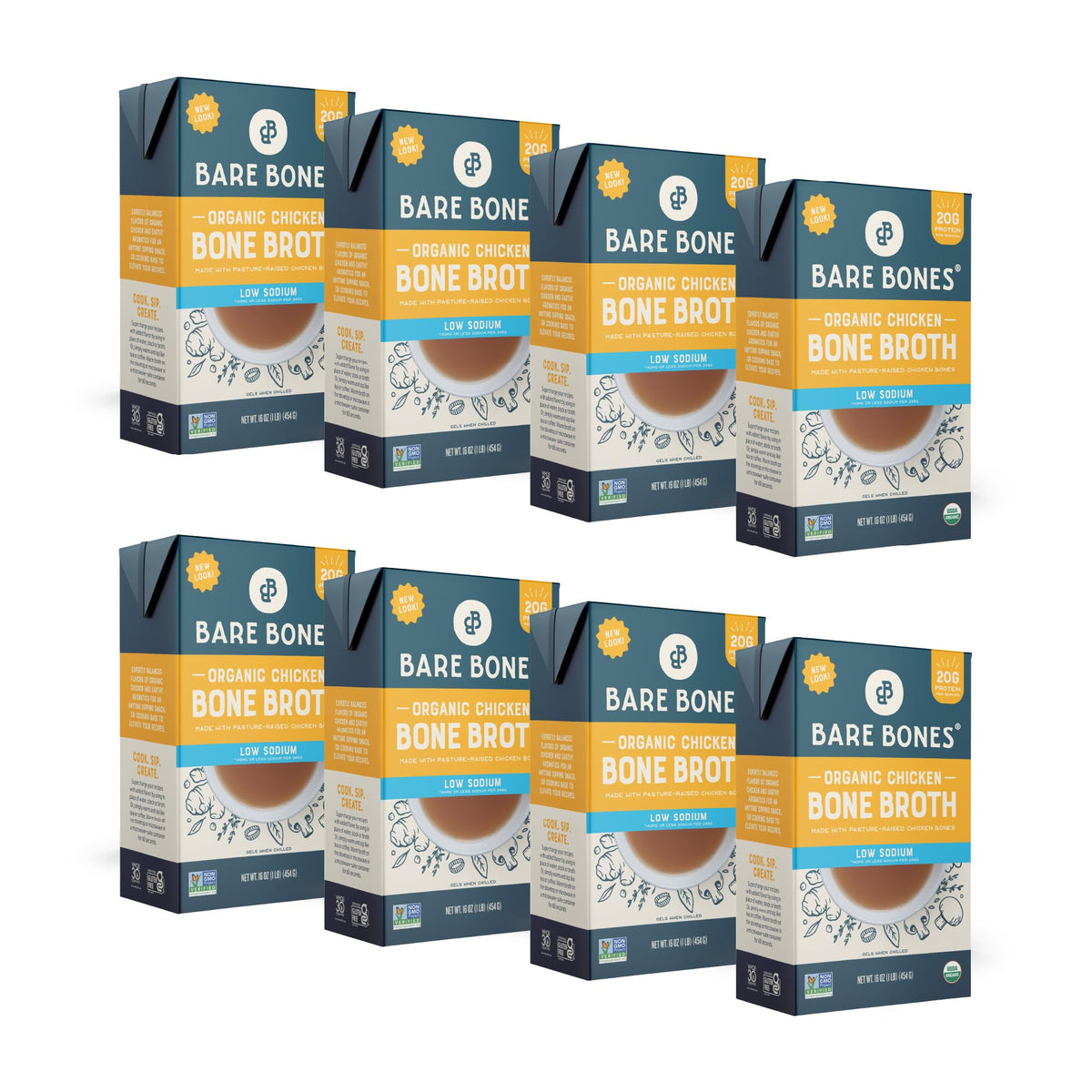 Bare Bones Low Sodium Organic Chicken Bone Broth – Pourable 16oz, 8 Pack | Keto, Paleo, Gluten-Free