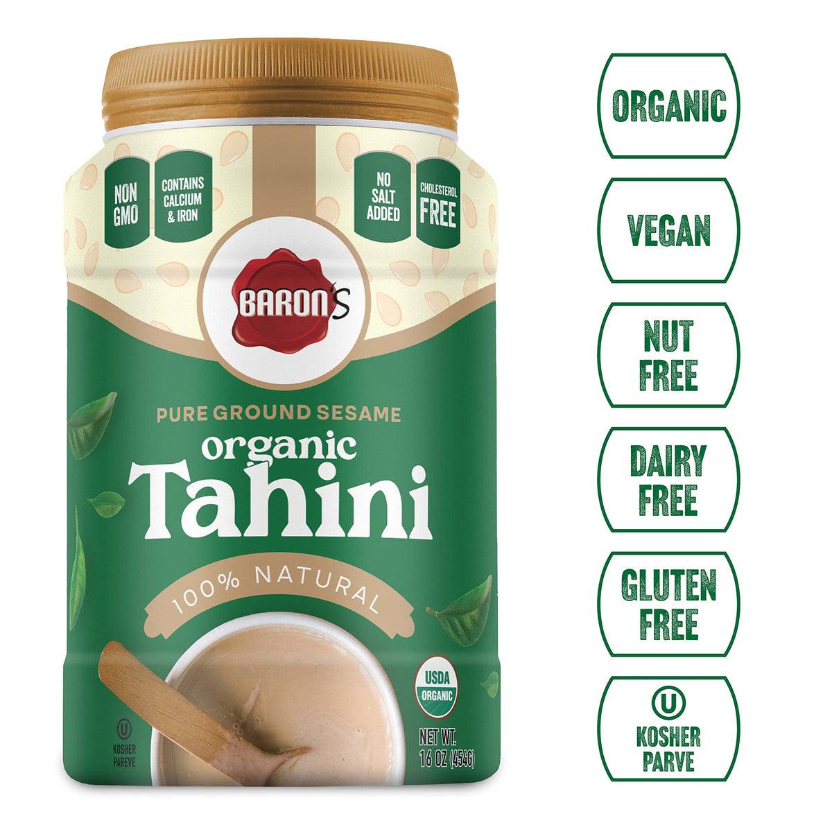 Baron's USDA Organic Tahini Pure Sesame Paste – 12 x 16 oz Jars | Kosher, Vegan, Gluten-Free