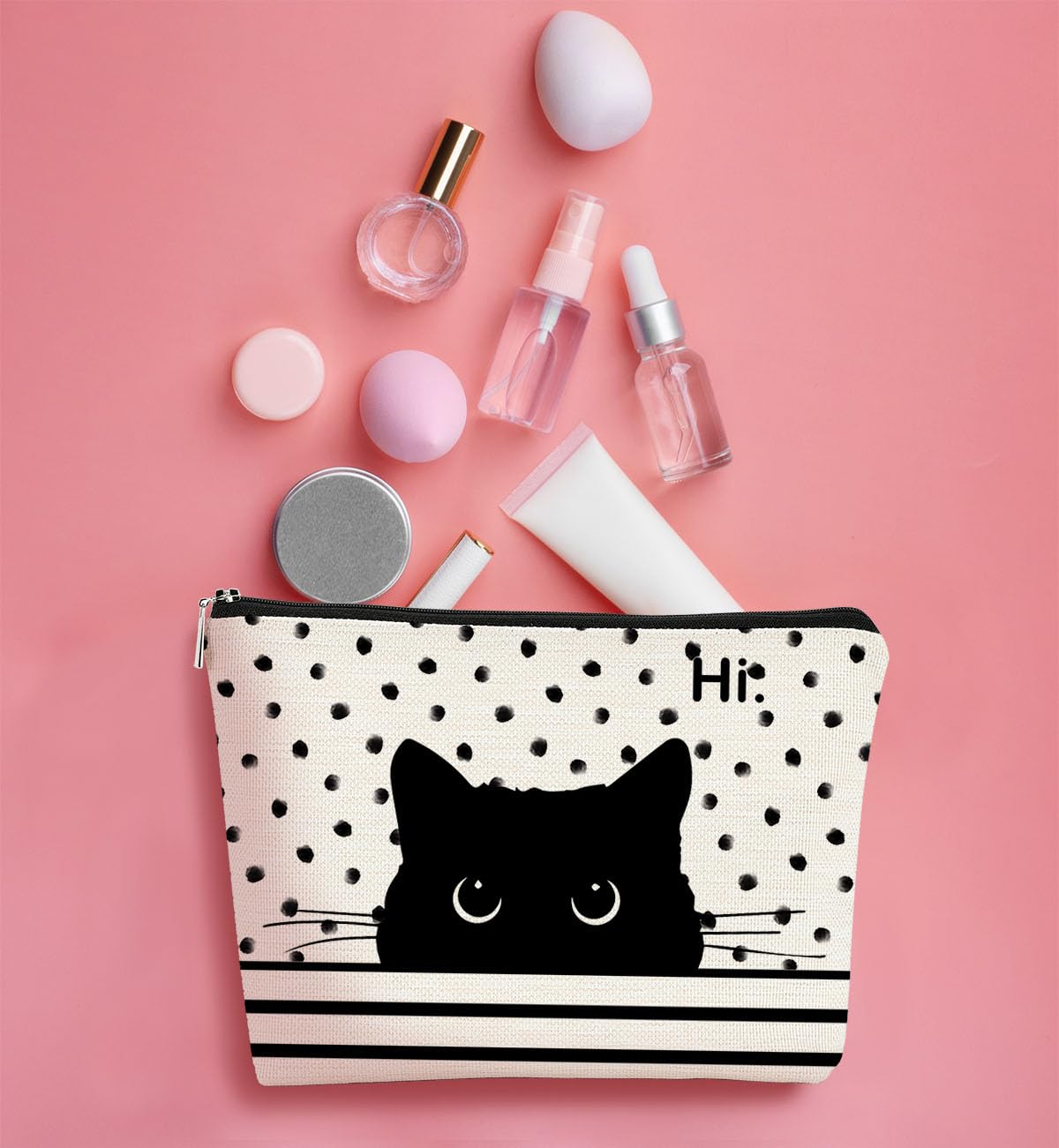 BARPERY Cat Makeup Bag - Black Cat Purse, Small Cute Makeup Bag Cosmetic Bag For Women & Teen Girls, Cat Lady Gifts For Women (Polka Dot)