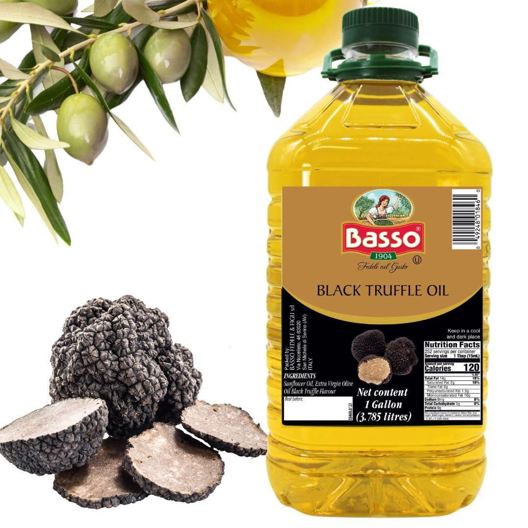 BASSO 1904 Black Truffle Infused Oil – Bulk 1 Gallon (3.785L) | Italian EVOO, Non-GMO, Expeller-Pressed