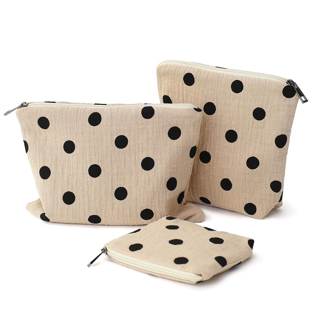 BBORGDC Small Cosmetic Bag Set of 3 for Purse, Beige Polka Dot Cotton Makeup Bags, 3 Sizes Zipper Pouch Organizer for Travel & Toiletries, Gift for Her Birthday, Bridesmaid & Best Friend