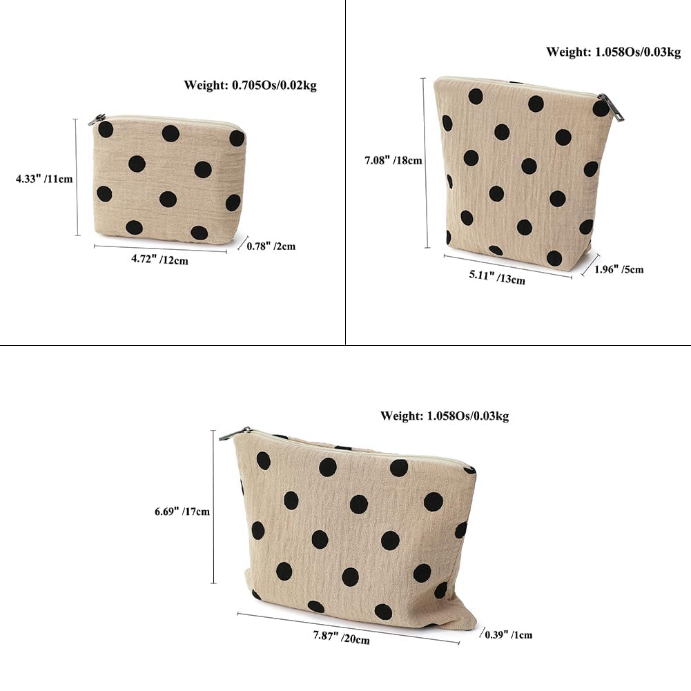 BBORGDC Small Cosmetic Bag Set of 3 for Purse, Beige Polka Dot Cotton Makeup Bags, 3 Sizes Zipper Pouch Organizer for Travel & Toiletries, Gift for Her Birthday, Bridesmaid & Best Friend