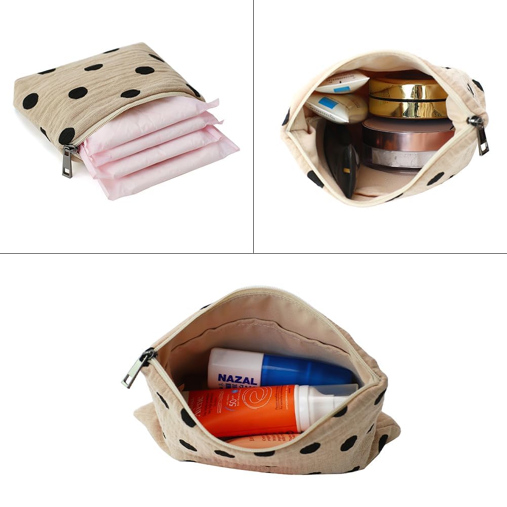 BBORGDC Small Cosmetic Bag Set of 3 for Purse, Beige Polka Dot Cotton Makeup Bags, 3 Sizes Zipper Pouch Organizer for Travel & Toiletries, Gift for Her Birthday, Bridesmaid & Best Friend