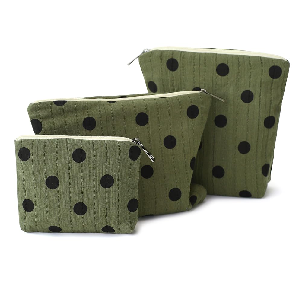 BBORGDC Small Cosmetic Bag Set of 3 for Purse, Dark Green Polka Dot Cotton Makeup Pouch Set, 3 Sizes Zipper Organizer for Travel & Toiletries, Gift for Her Birthday, Bridesmaid & Best Friend