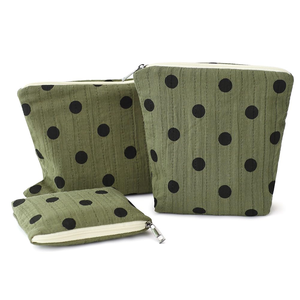 BBORGDC Small Cosmetic Bag Set of 3 for Purse, Dark Green Polka Dot Cotton Makeup Pouch Set, 3 Sizes Zipper Organizer for Travel & Toiletries, Gift for Her Birthday, Bridesmaid & Best Friend