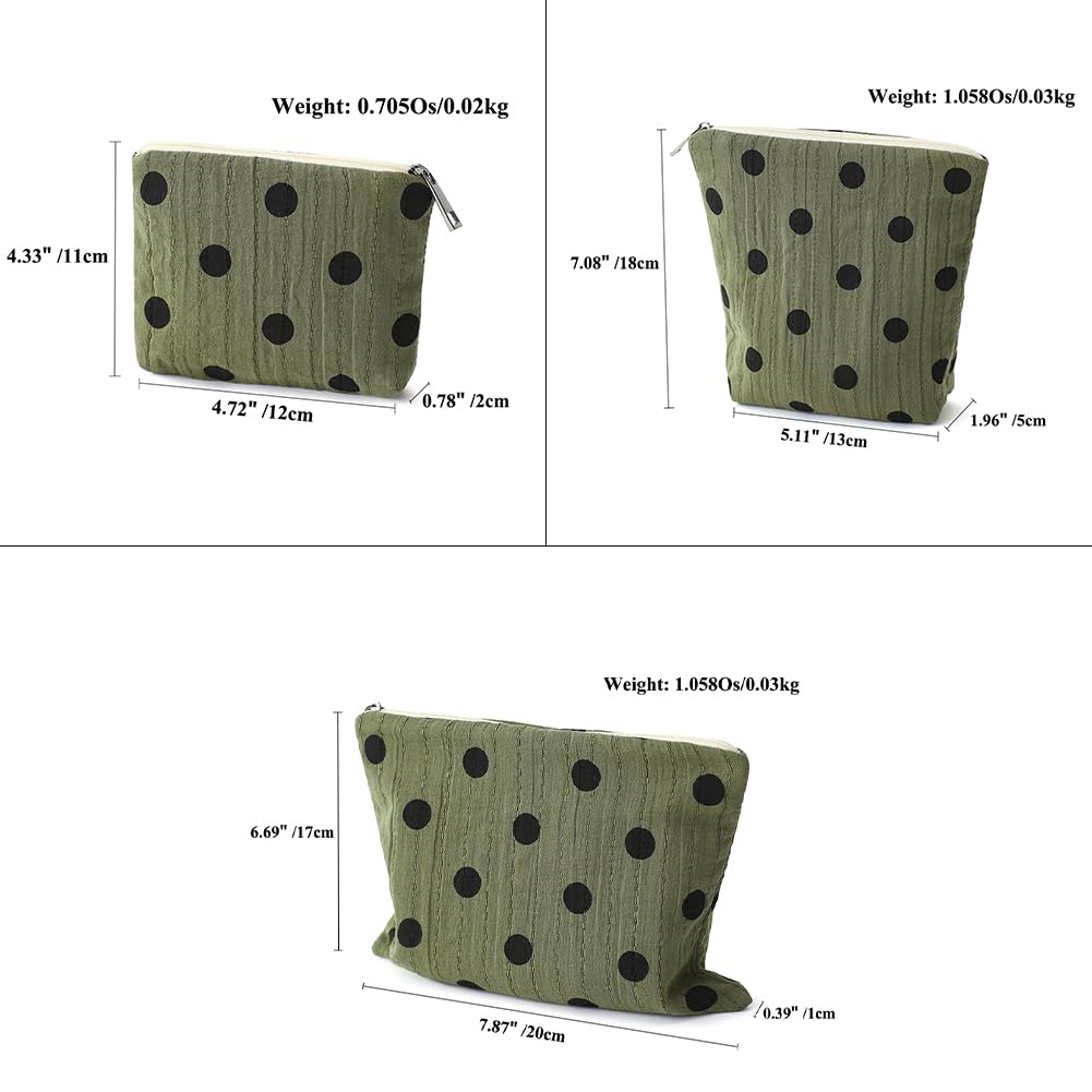 BBORGDC Small Cosmetic Bag Set of 3 for Purse, Dark Green Polka Dot Cotton Makeup Pouch Set, 3 Sizes Zipper Organizer for Travel & Toiletries, Gift for Her Birthday, Bridesmaid & Best Friend