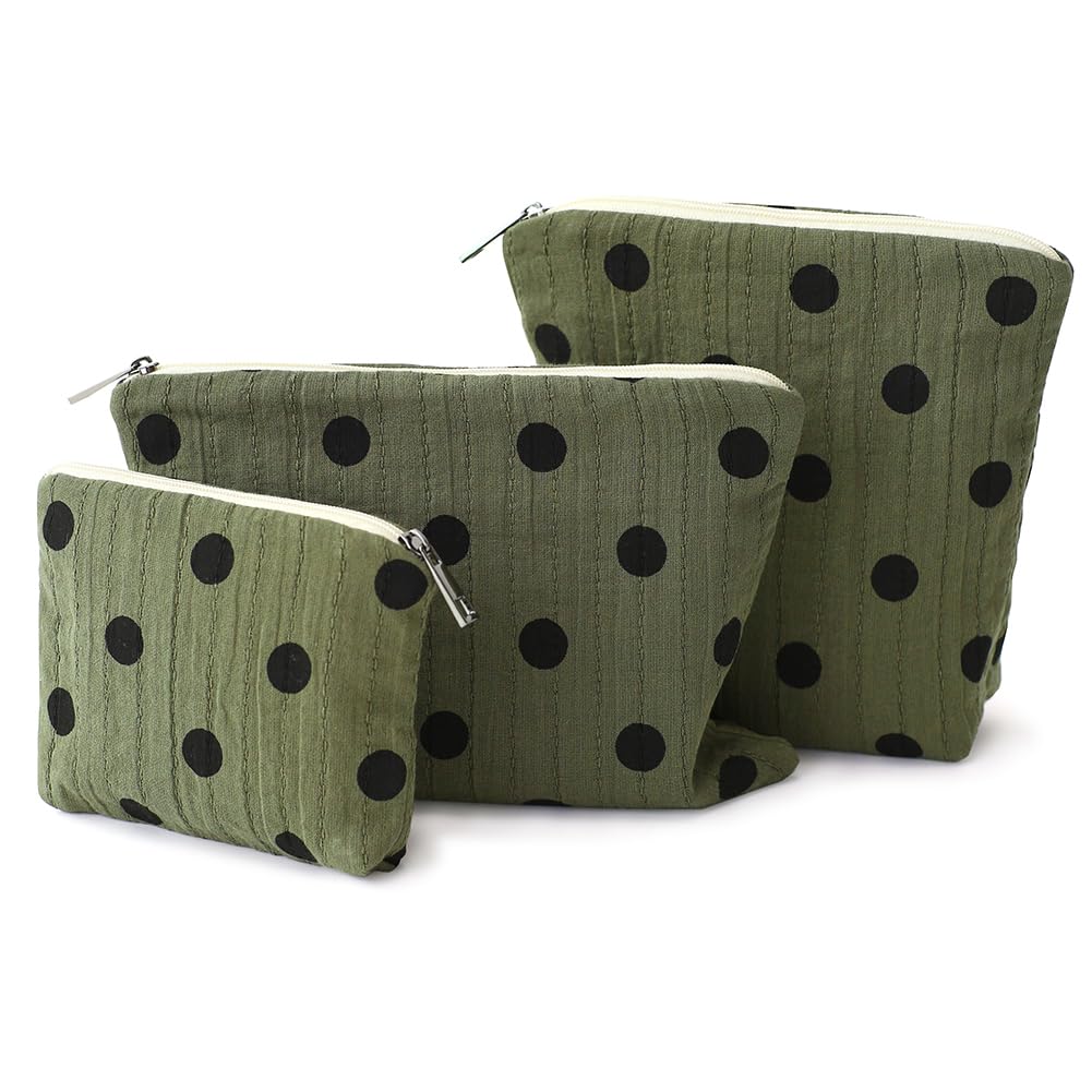 BBORGDC Small Cosmetic Bag Set of 3 for Purse, Dark Green Polka Dot Cotton Makeup Pouch Set, 3 Sizes Zipper Organizer for Travel & Toiletries, Gift for Her Birthday, Bridesmaid & Best Friend