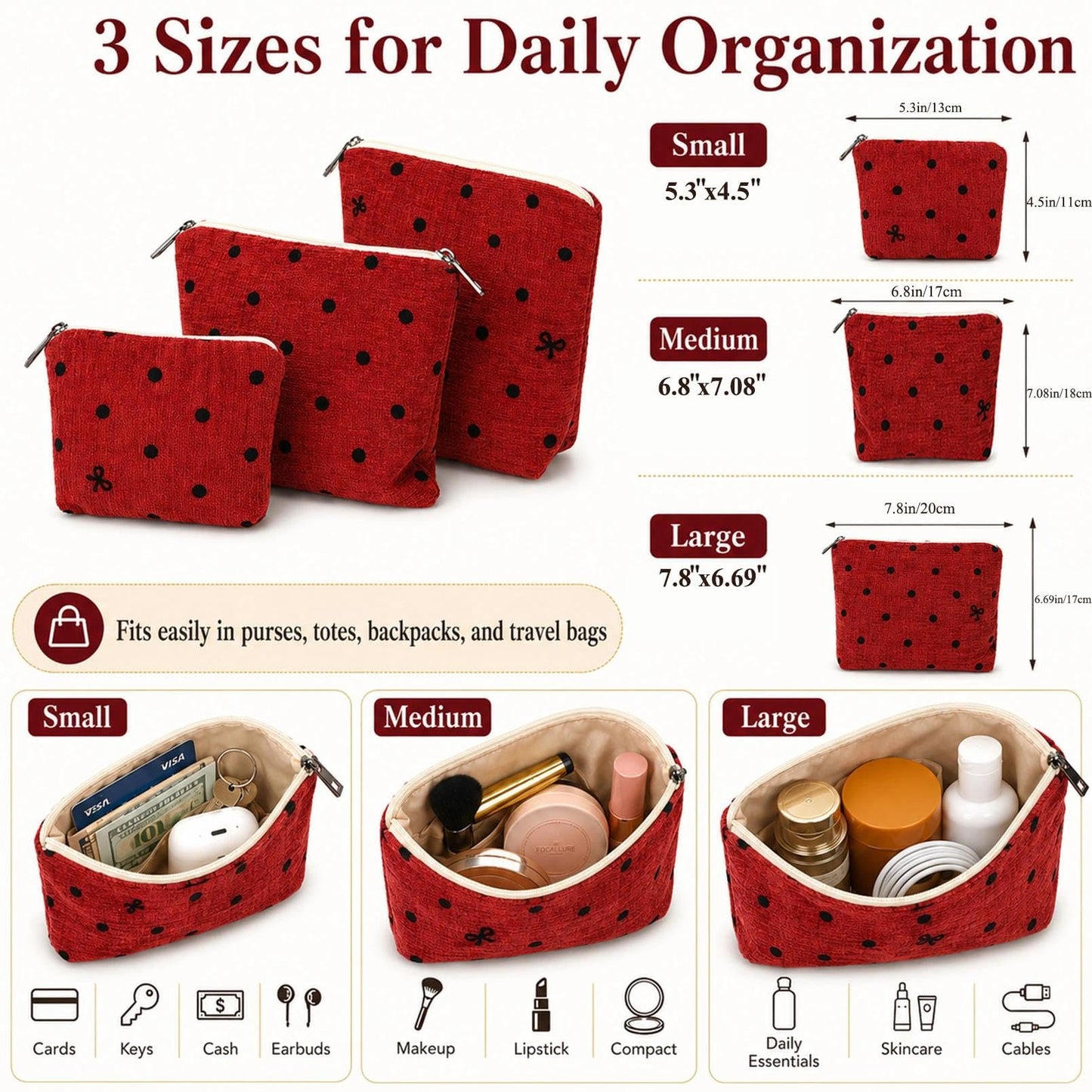 BBORGDC Small Cosmetic Bag Set of 3 for Purse, Red Polka Dot Makeup Bags, 3 Sizes Zipper Pouch Organizer for Travel & Toiletries, Gift for Her Birthday, Bridesmaid & Best Friend