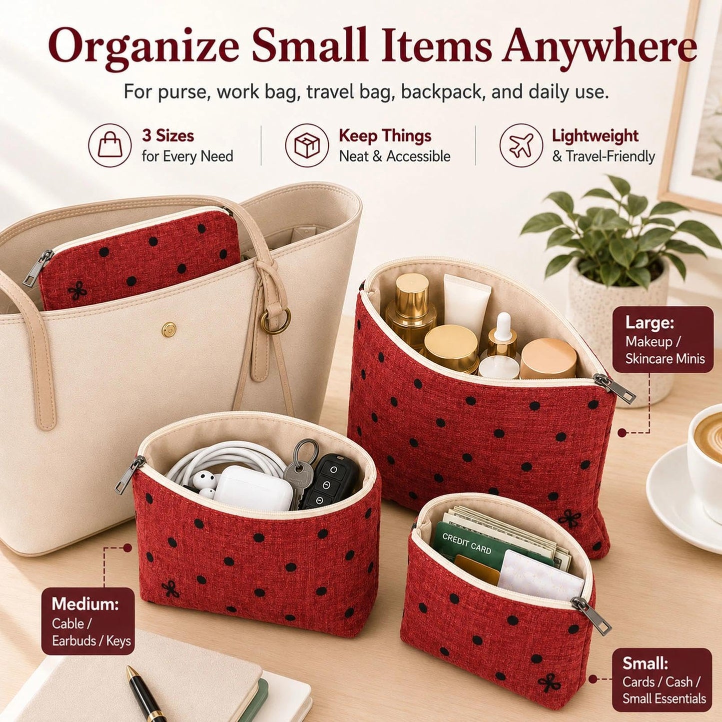 BBORGDC Small Cosmetic Bag Set of 3 for Purse, Red Polka Dot Makeup Bags, 3 Sizes Zipper Pouch Organizer for Travel & Toiletries, Gift for Her Birthday, Bridesmaid & Best Friend