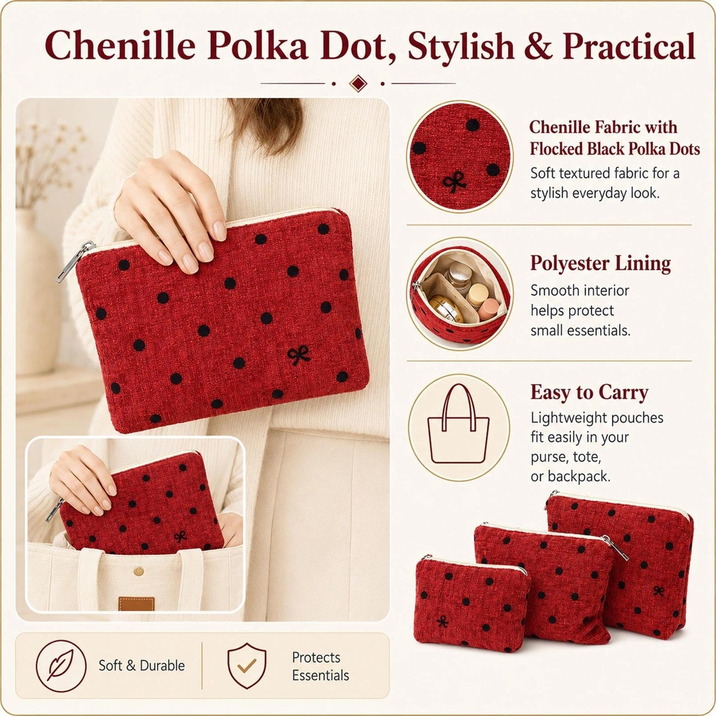 BBORGDC Small Cosmetic Bag Set of 3 for Purse, Red Polka Dot Makeup Bags, 3 Sizes Zipper Pouch Organizer for Travel & Toiletries, Gift for Her Birthday, Bridesmaid & Best Friend