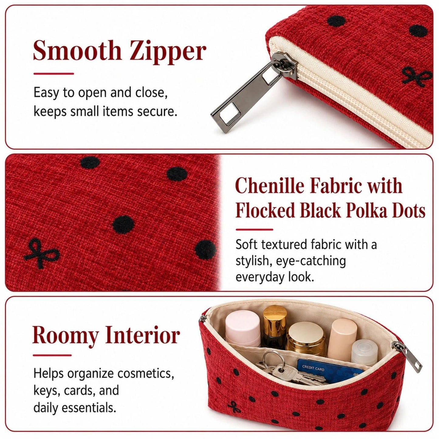 BBORGDC Small Cosmetic Bag Set of 3 for Purse, Red Polka Dot Makeup Bags, 3 Sizes Zipper Pouch Organizer for Travel & Toiletries, Gift for Her Birthday, Bridesmaid & Best Friend