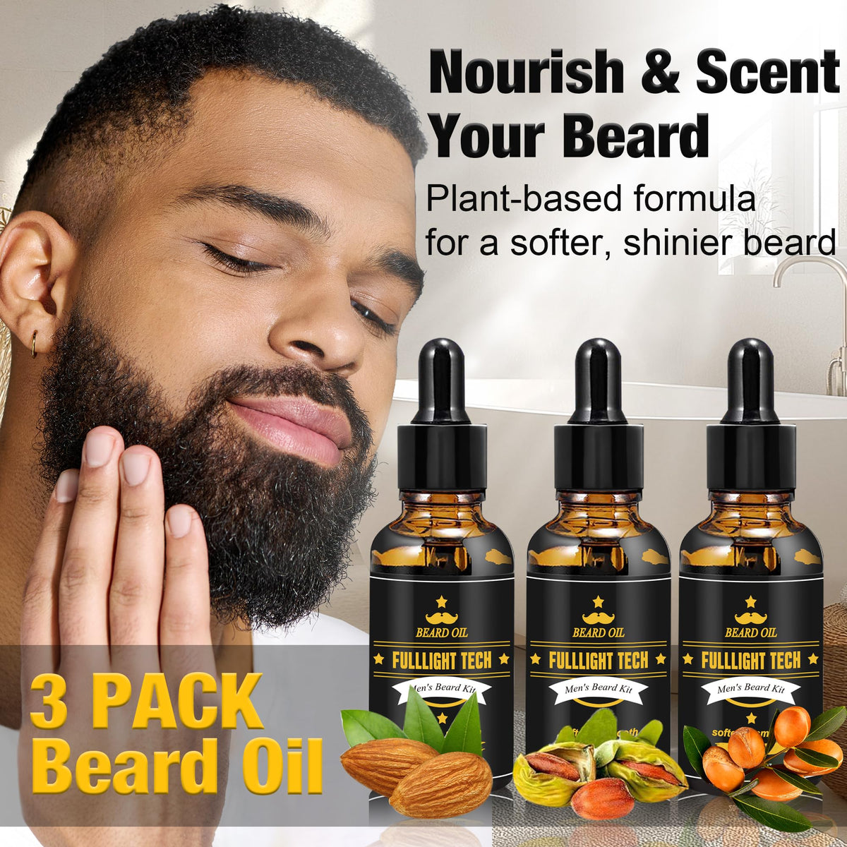 Beard Kit Gifts for Men, 3 Natural Beard Oil, Gently Soothes Itch & Dryness