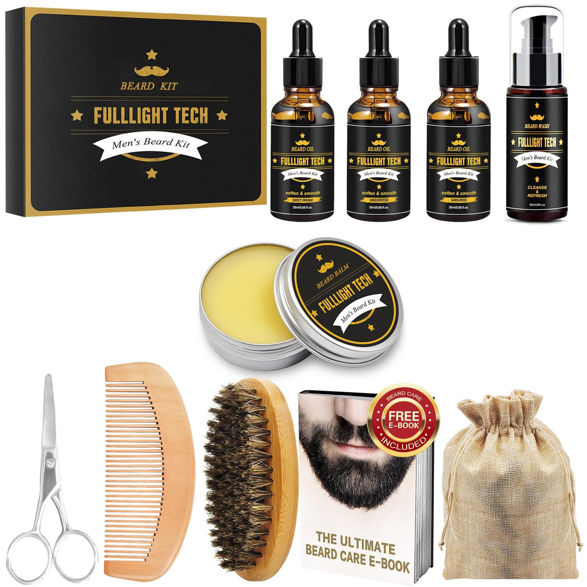Beard Kit Gifts for Men, 3 Natural Beard Oil, Gently Soothes Itch & Dryness