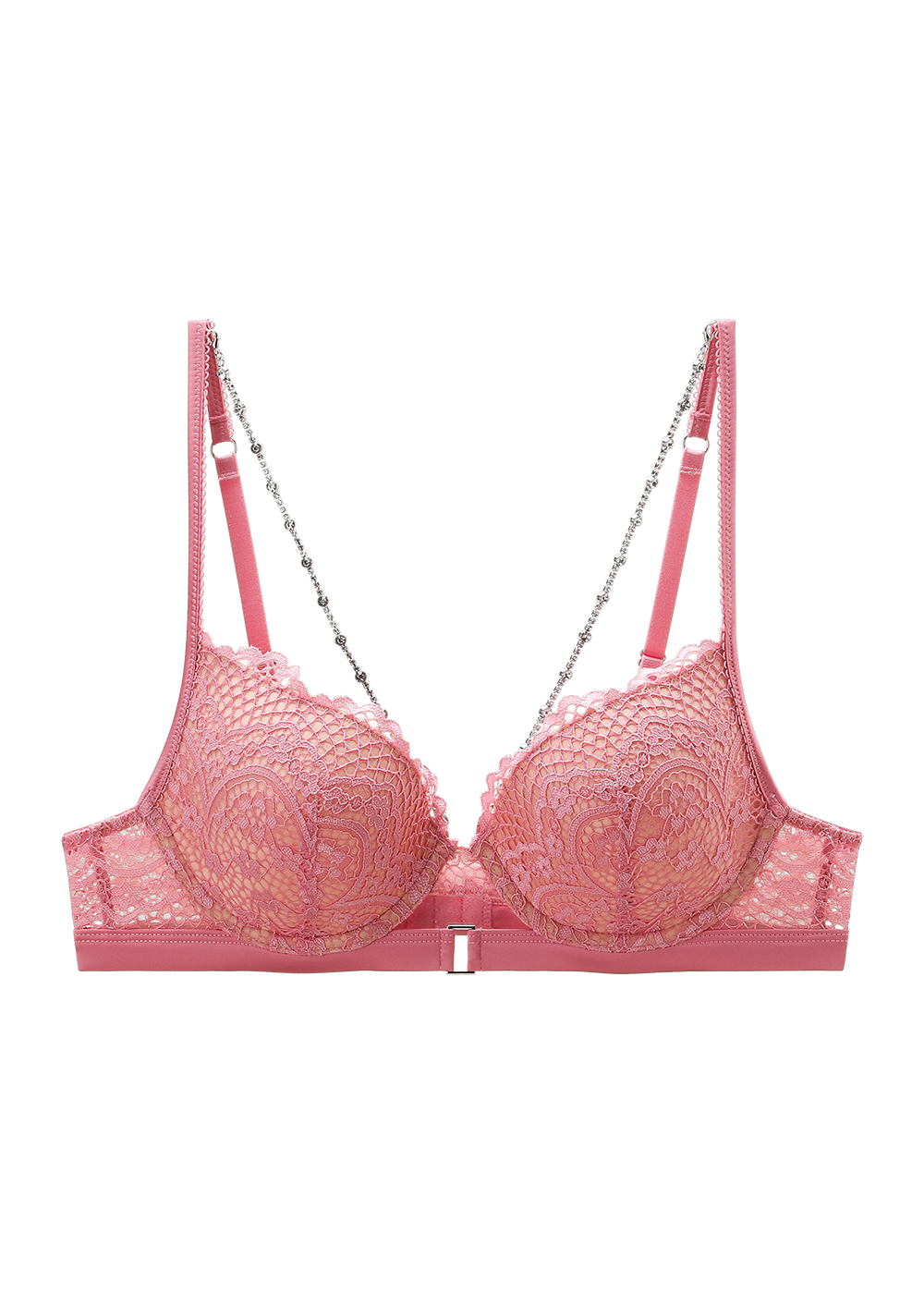 BECKY Plus Pink Floral Lace Underwire Molded Cup Bra with Detachable Diamond Chains