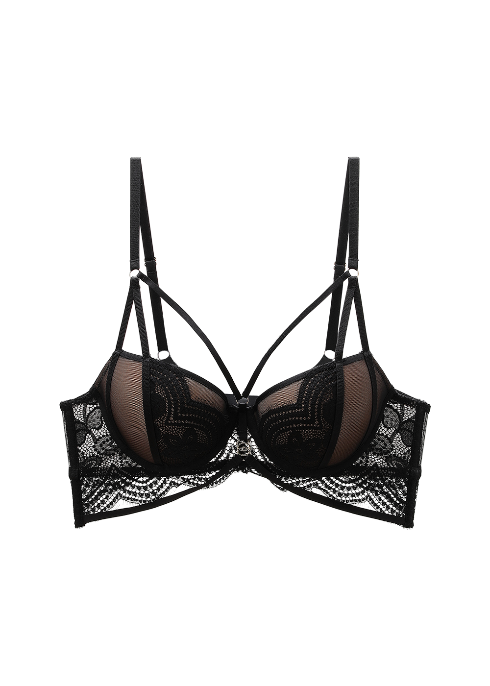 BELLA Plus Black Lace Push-Up Plunge Molded Cup Demi Bra with Removable Padding