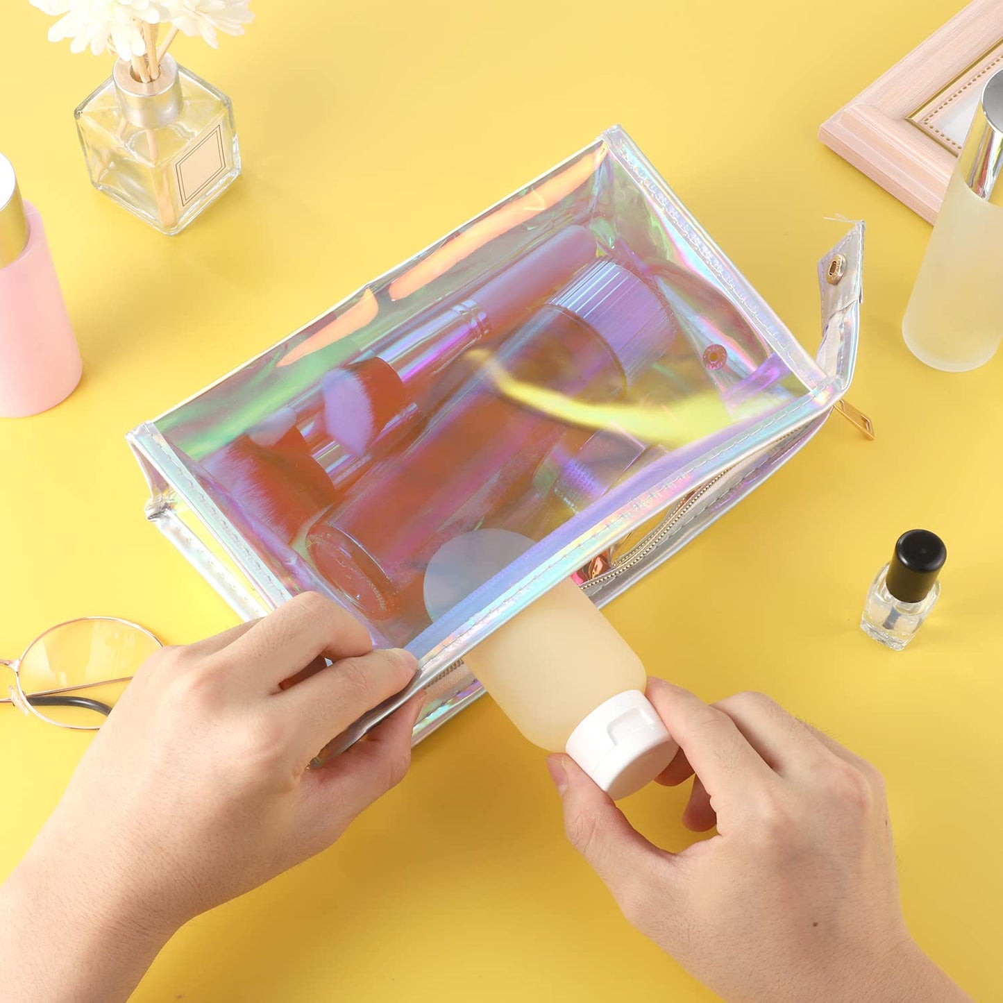 BESARME 10 Pack Holographic Makeup Bags, Clear PVC Zipper Pouches