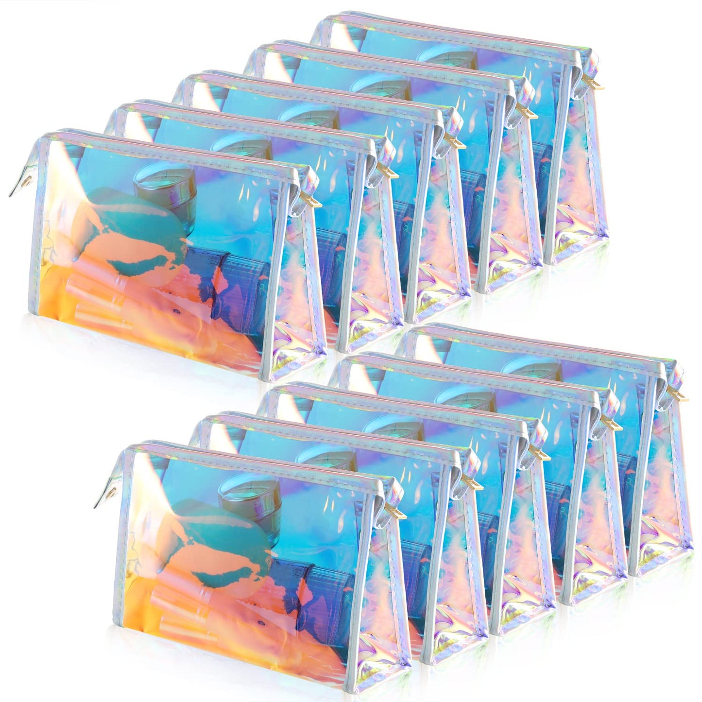 BESARME 10 Pack Holographic Makeup Bags, Clear PVC Zipper Pouches