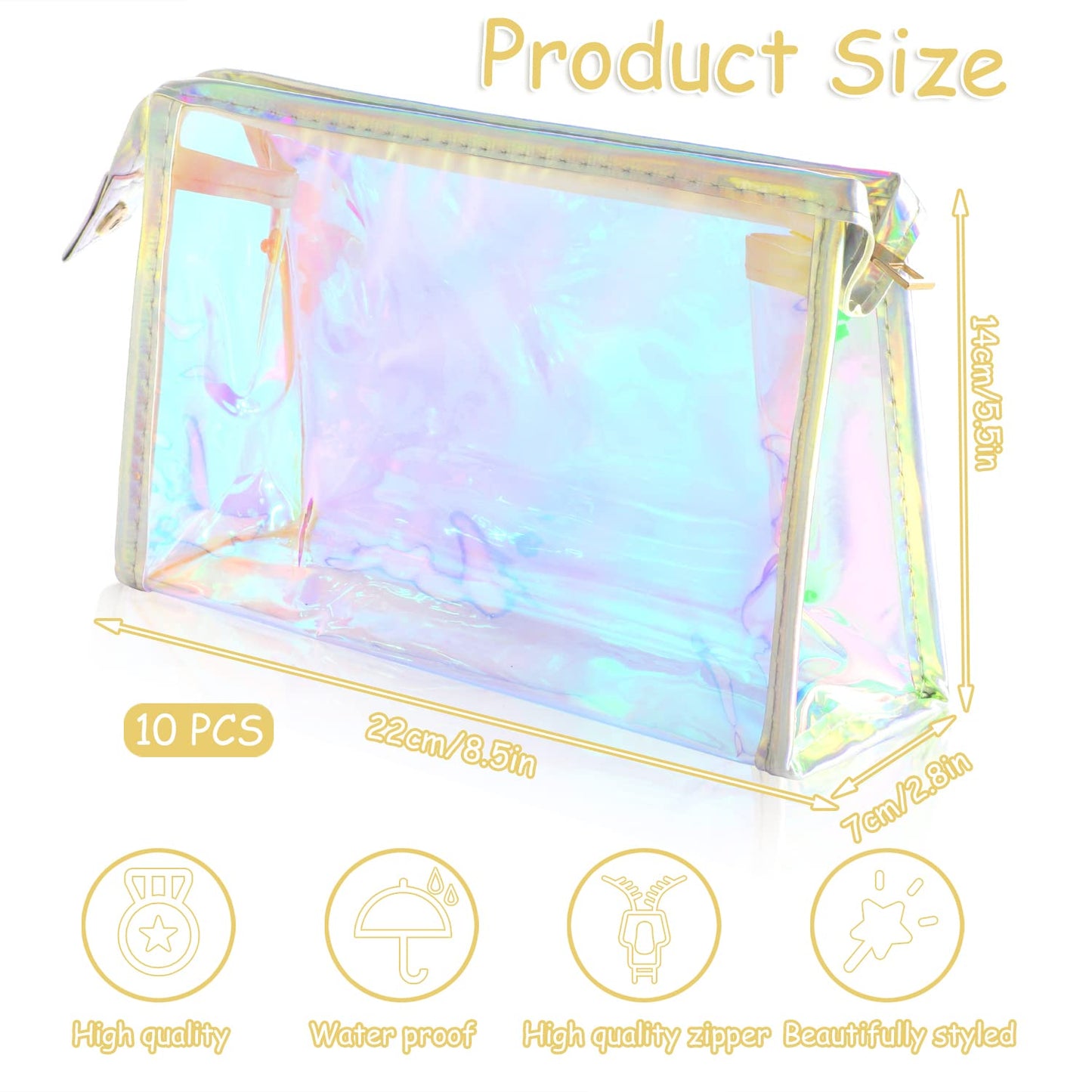 BESARME 10 Pack Holographic Makeup Bags, Clear PVC Zipper Pouches