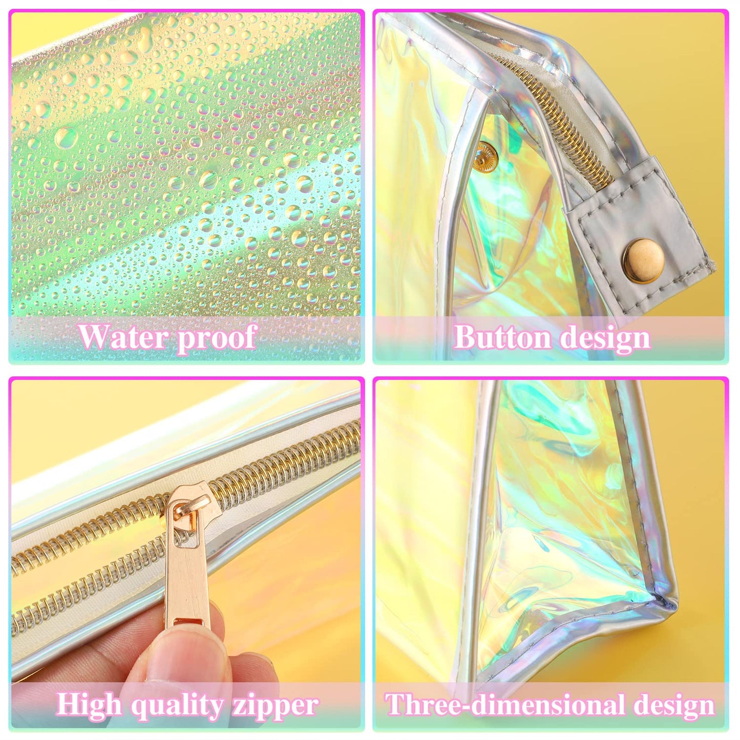 BESARME 10 Pack Holographic Makeup Bags, Clear PVC Zipper Pouches