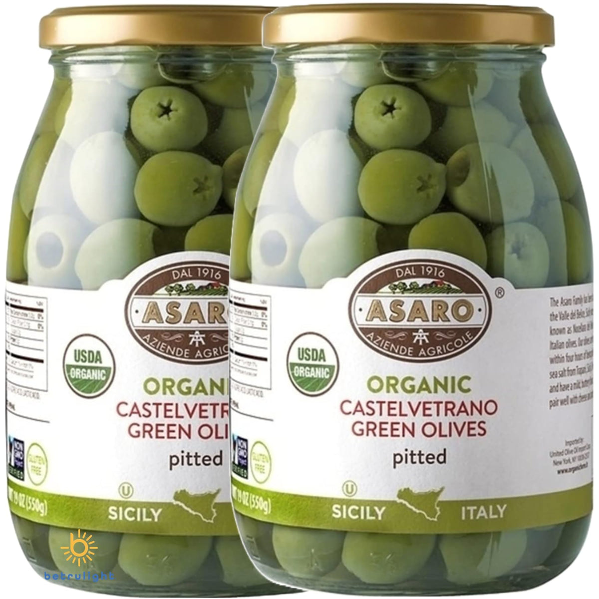 BETRULIGHT Organic Castelvetrano Green Pitted Olives – 19 oz Jar Pack of 2 | GMO Free, Gluten Free
