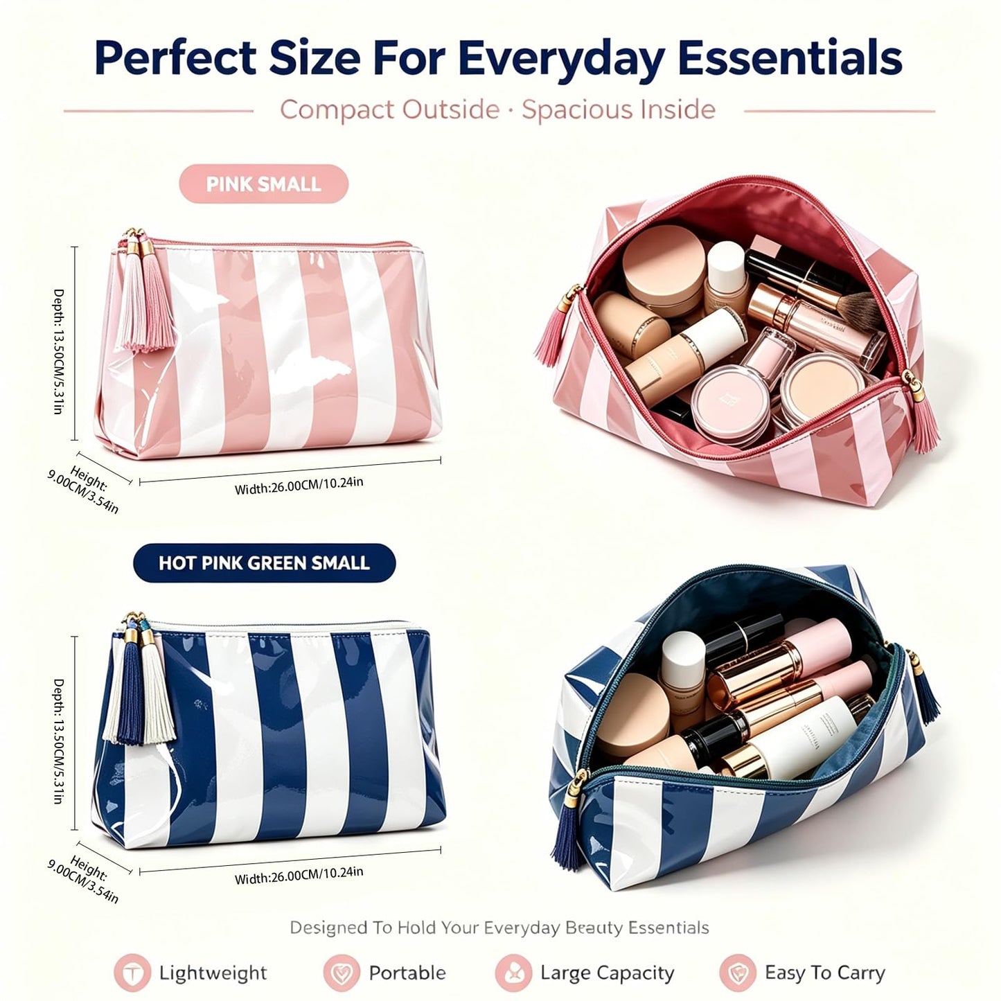 Beyinkoy Waterproof Makeup Bags, 2 PCS Striped Large Capacity Makeup Bag for Purse with Tassel Zipper, PVC Travel Toiletry Organizer Bag