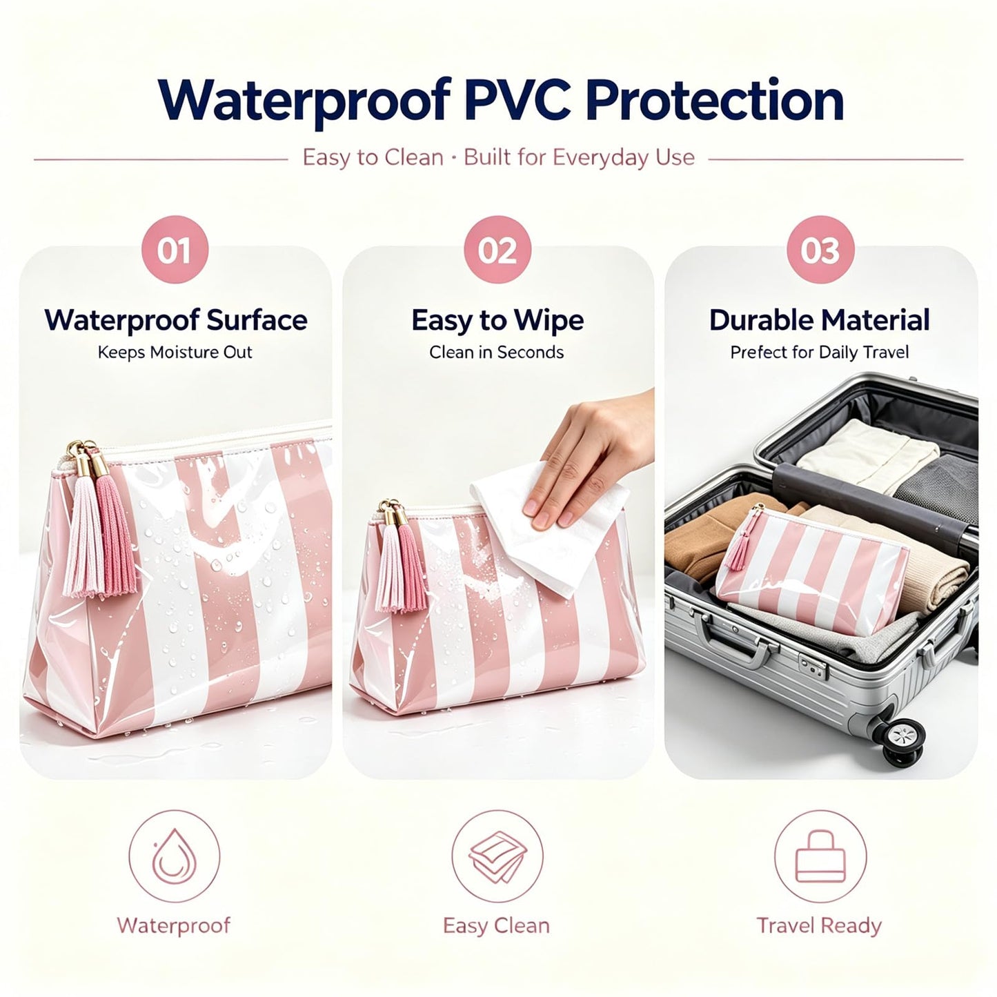 Beyinkoy Waterproof Makeup Bags, 2 PCS Striped Large Capacity Makeup Bag for Purse with Tassel Zipper, PVC Travel Toiletry Organizer Bag