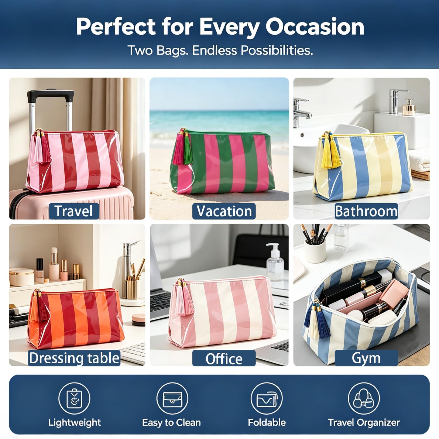Beyinkoy Waterproof Makeup Bags, 2 PCS Striped Large Capacity Makeup Bag for Purse with Tassel Zipper, PVC Travel Toiletry Organizer Bag