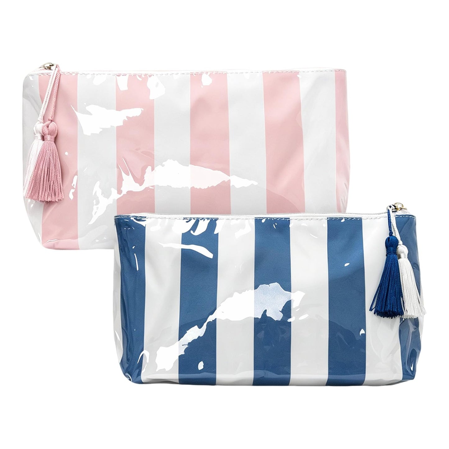 Beyinkoy Waterproof Makeup Bags, 2 PCS Striped Large Capacity Makeup Bag for Purse with Tassel Zipper, PVC Travel Toiletry Organizer Bag