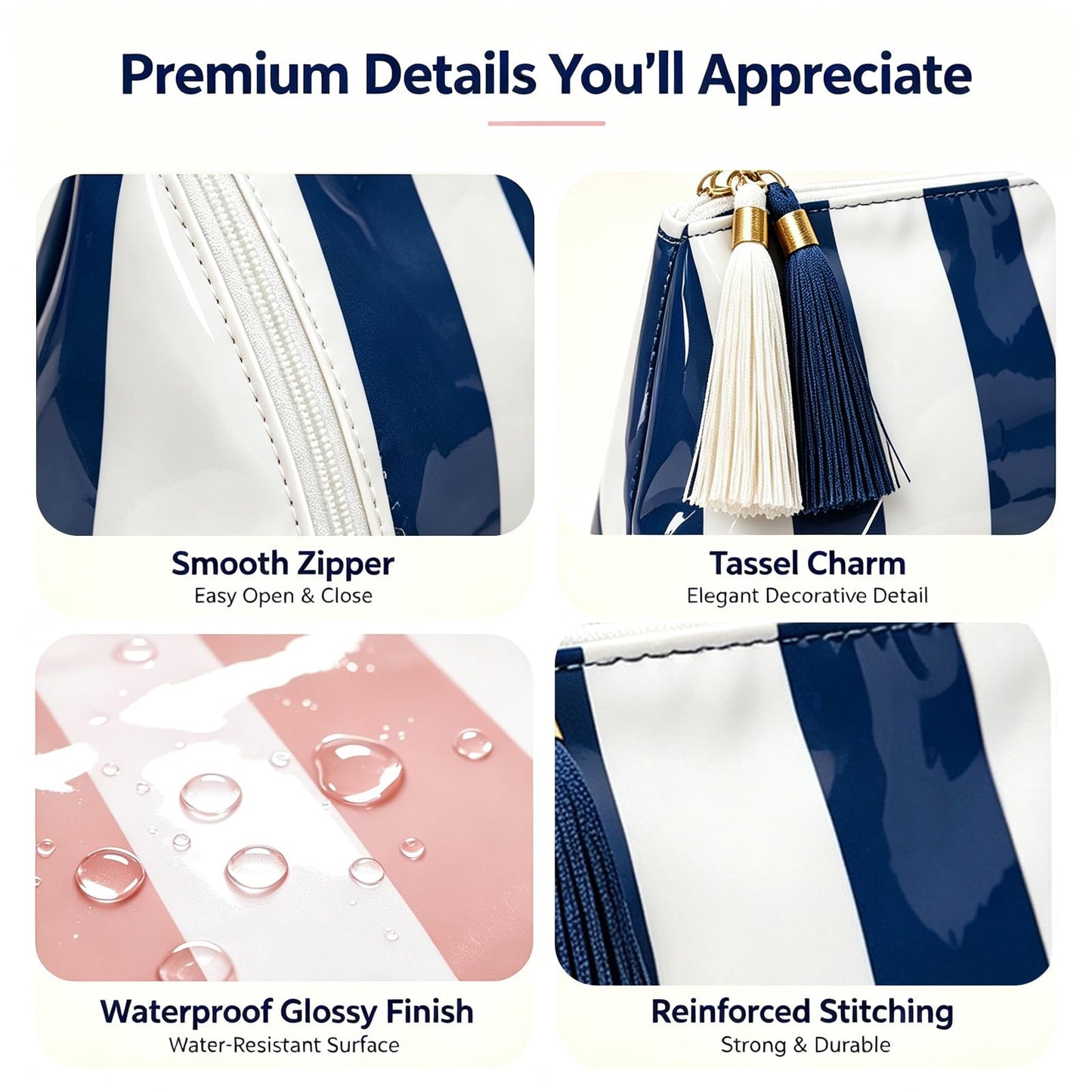 Beyinkoy Waterproof Makeup Bags, 2 PCS Striped Large Capacity Makeup Bag for Purse with Tassel Zipper, PVC Travel Toiletry Organizer Bag