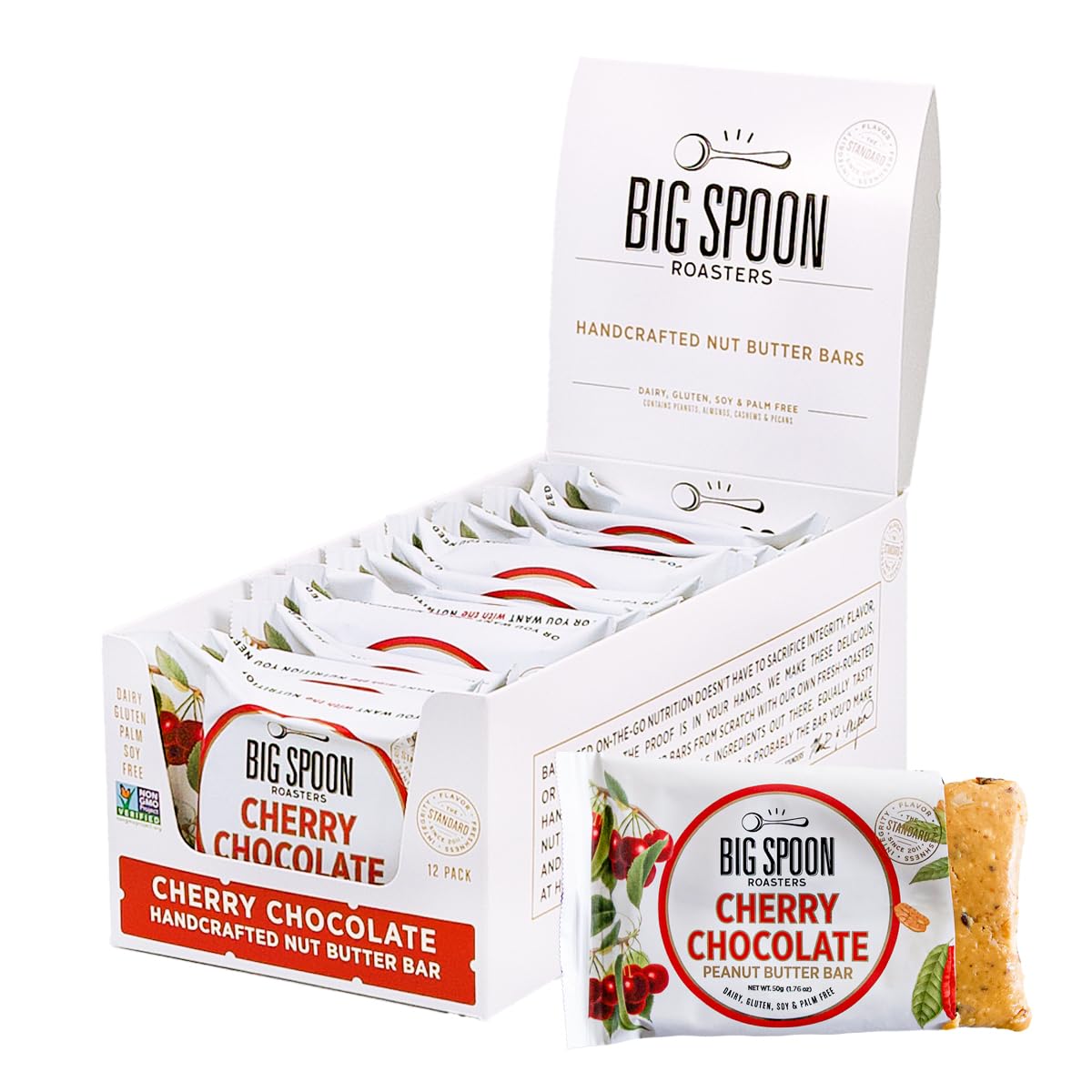 Big Spoon Roasters Cherry Chocolate Nut Butter Bars – Low Carb, High Protein Vegan Snack (12 Pack)