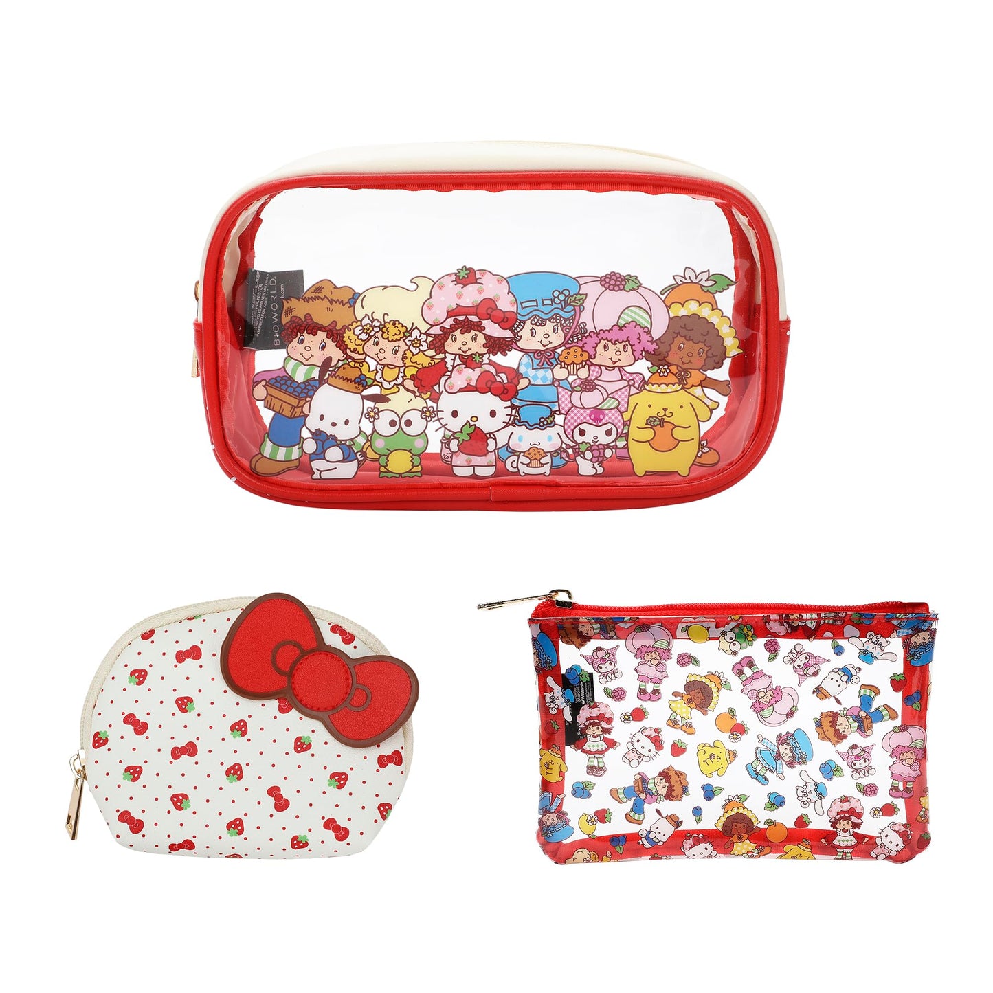 Bioworld Sanrio Hello Kitty And Friends Strawberry Shortcake 3 Piece Cosmetic Bag Set 9"