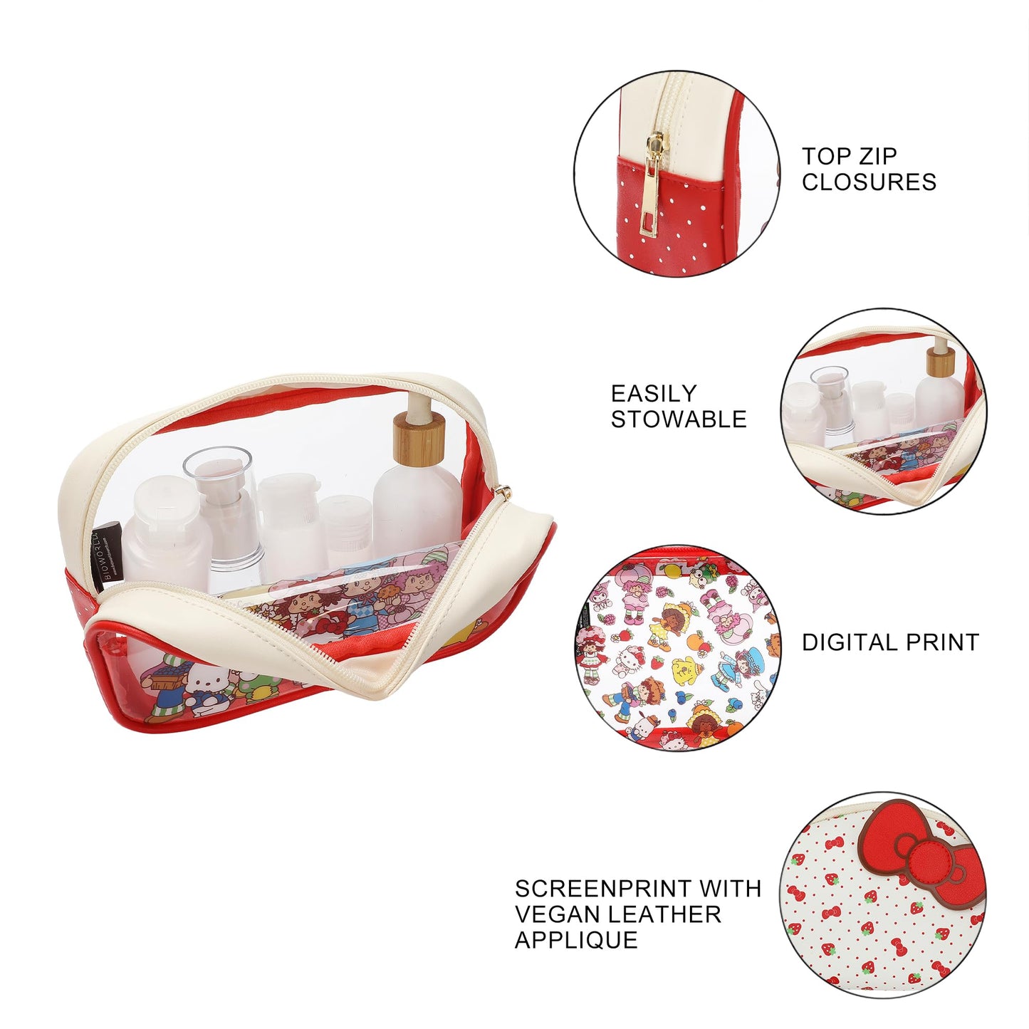 Bioworld Sanrio Hello Kitty And Friends Strawberry Shortcake 3 Piece Cosmetic Bag Set 9"