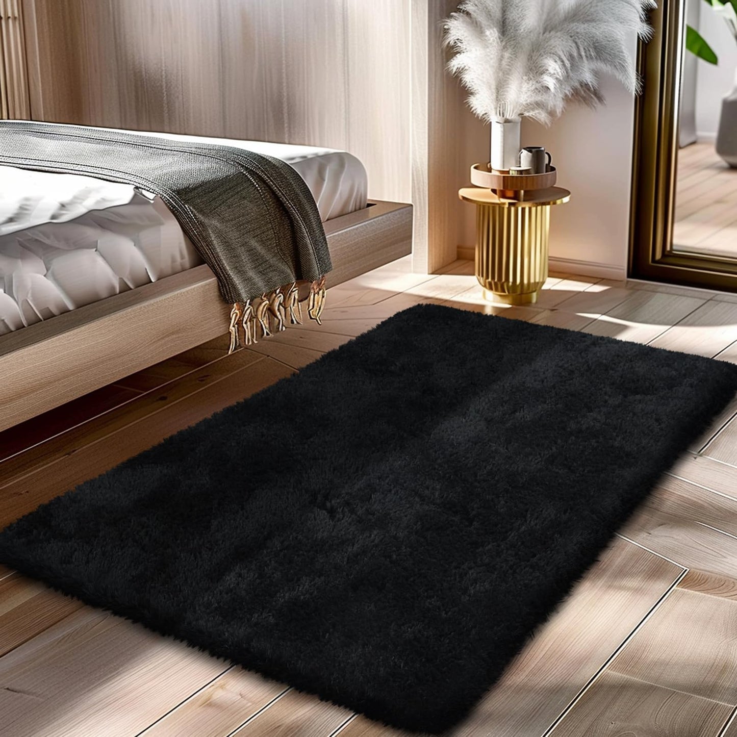 Black 2x4 Area Rugs for Bedroom, Fluffy Shag Rug Small Rug Bedroom Carpet