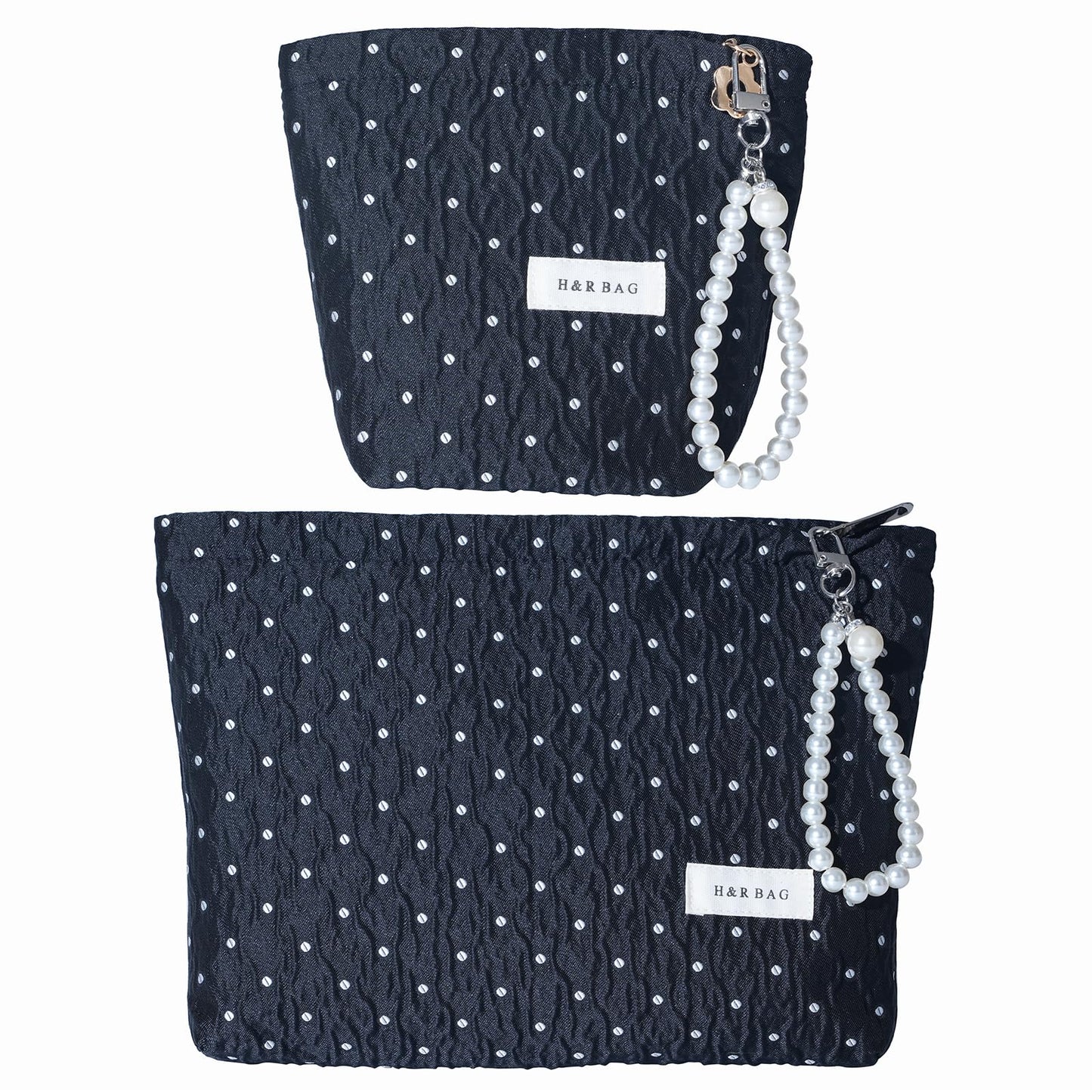 Black Polka Dot Makeup Bag 2 Sizes Zipper Cosmetic Pouch With Wrist Strap