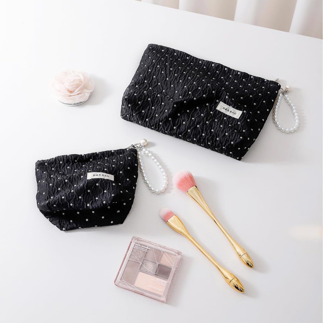Black Polka Dot Makeup Bag 2 Sizes Zipper Cosmetic Pouch With Wrist Strap