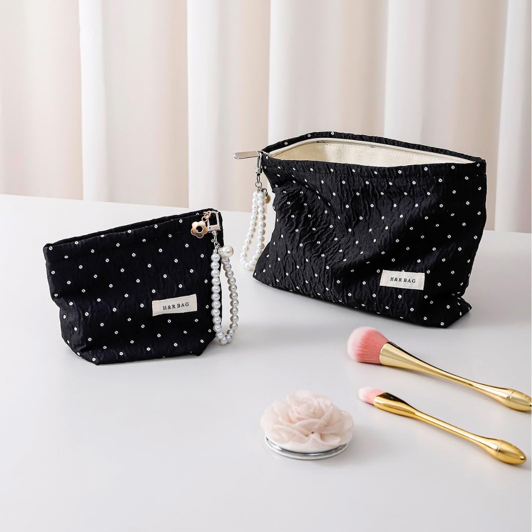 Black Polka Dot Makeup Bag 2 Sizes Zipper Cosmetic Pouch With Wrist Strap