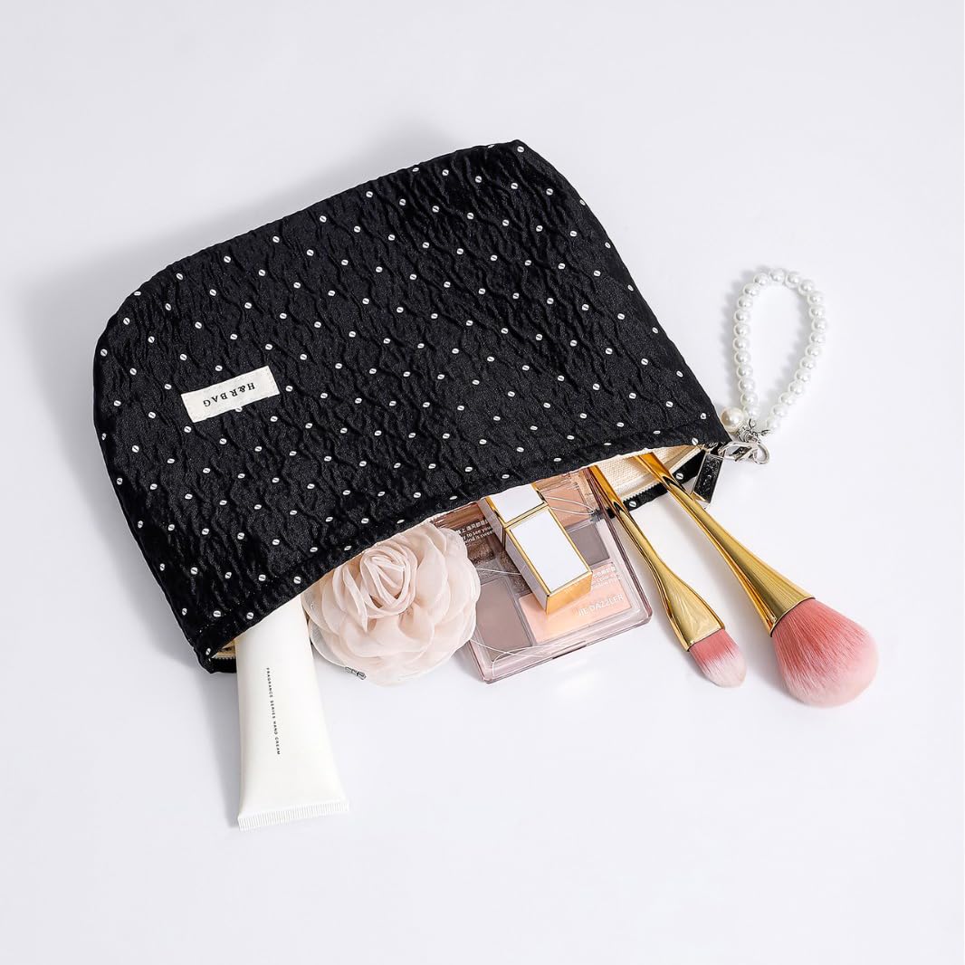 Black Polka Dot Makeup Bag 2 Sizes Zipper Cosmetic Pouch With Wrist Strap