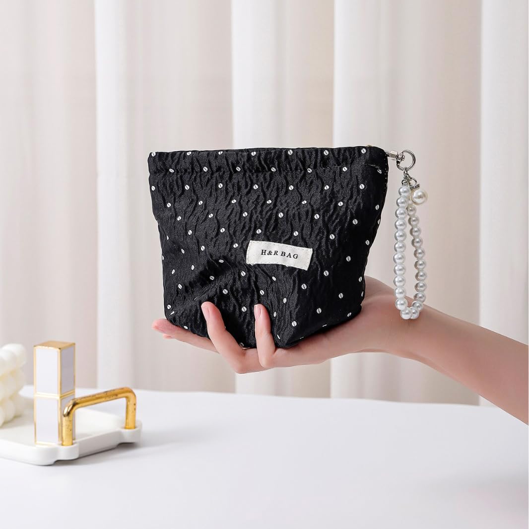 Black Polka Dot Makeup Bag 2 Sizes Zipper Cosmetic Pouch With Wrist Strap