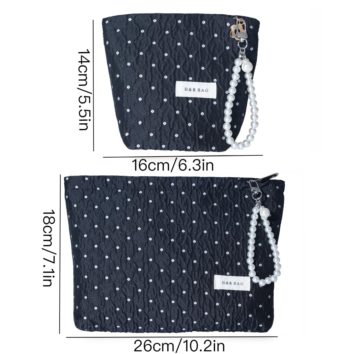 Black Polka Dot Makeup Bag 2 Sizes Zipper Cosmetic Pouch With Wrist Strap
