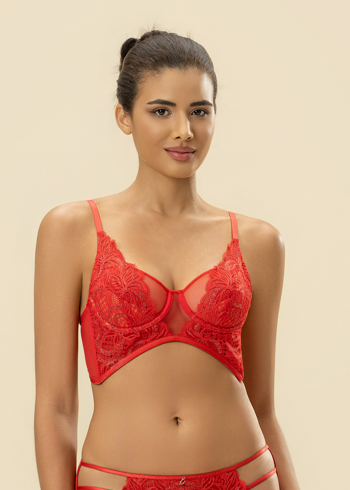 BLAIR Red Floral Lace Unlined Plunge Long Bra With Shining Embroidery