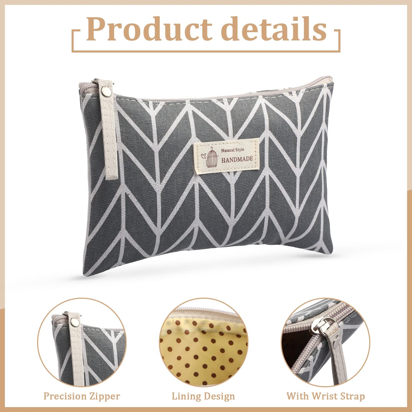 Boao 4 Pcs Canvas Makeup Bag Small Cosmetic Pouch for Purse,Big,Natural