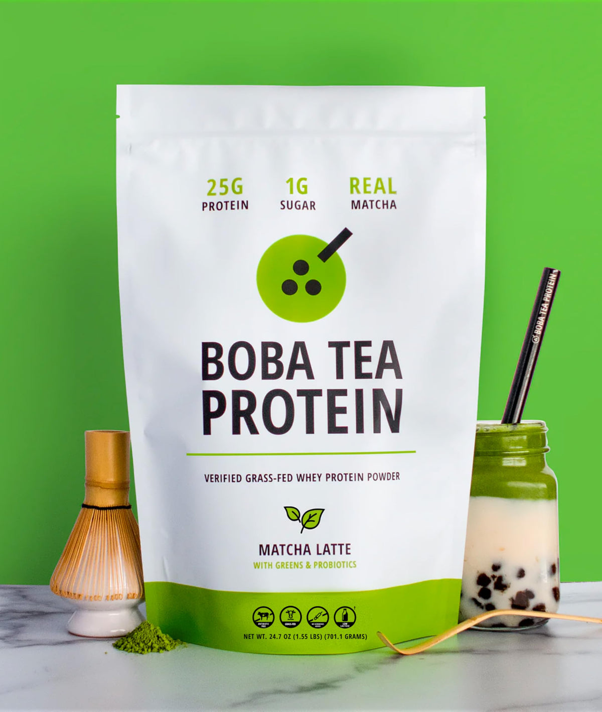 Boba Tea Protein Matcha Latte – 25g Grass-Fed Whey Isolate, Gluten-Free & Soy-Free, 19 Servings