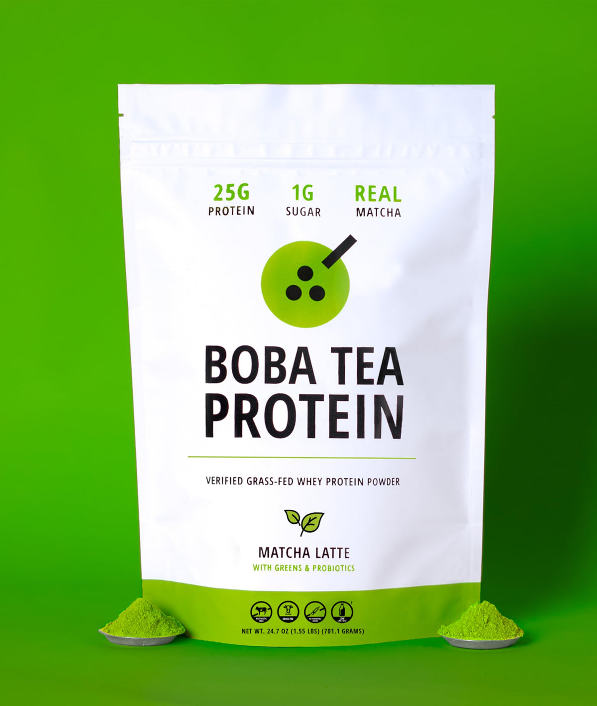 Boba Tea Protein Matcha Latte – 25g Grass-Fed Whey Isolate, Gluten-Free & Soy-Free, 19 Servings